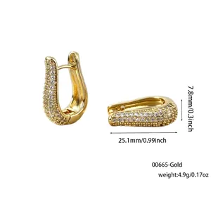 Gold plated U-shaped hoop earrings with micro-paved cubic zirconia 7.8mm x 25.1mm