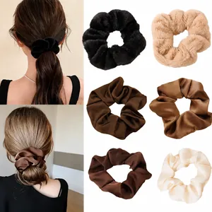 Soft Faux Fur Satin Scrunchies For Women Elegant Solid Color Elastic Hair Bands Plush Ponytail Holder Hair Accessories