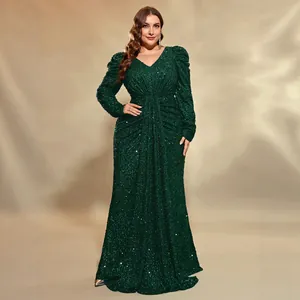 Robe de Soirée à Paillettes Vert Foncé Grande Taille Manches Longues Col en V Sirène Longue Robe de Fête Élégante