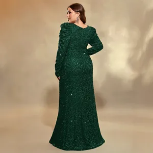 Robe de soirée élégante vert foncé à paillettes avec manches longues et coupe ajustée