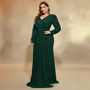 Robe de soirée élégante à paillettes vert foncé avec manches longues et col en V plongeant