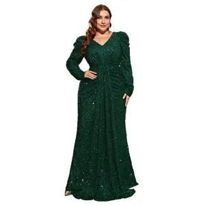 Robe longue élégante en paillettes vert émeraude avec col en V et manches bouffantes