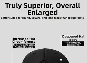 Detail of black baseball cap showing the deep fit and enlarged crown for large head sizes