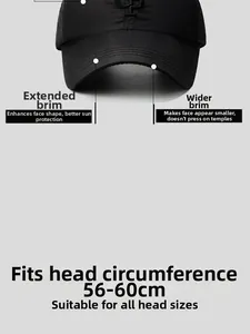 Detail of black quick-dry baseball cap featuring extended wide brim and laser-cut holes