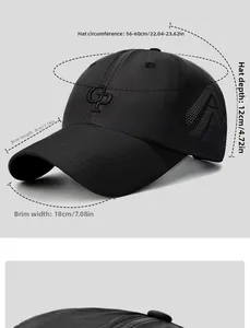 Detail view of quick-dry baseball cap with CP embroidery and side ventilation holes