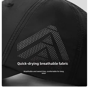 Close-up of quick-dry fabric with laser-cut ventilation holes on a black sports cap