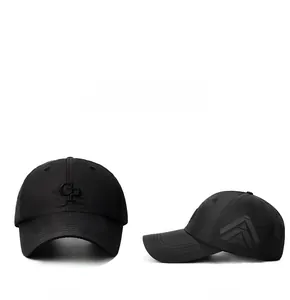 Detail of black baseball cap with 3D CP embroidery and side breathable laser holes