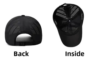 Detailed back and interior view of breathable black baseball cap with laser-cut holes