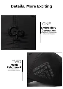 Detail of CP 3D embroidery and breathable laser-cut side mesh on black quick-dry cap