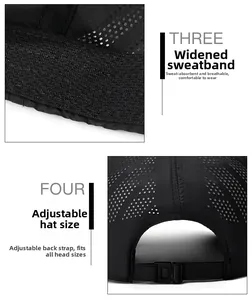 Detail of moisture-wicking sweatband and adjustable buckle on black sports baseball cap