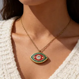 Chic gold-tone Evil Eye pendant necklace with red and green enamel for women