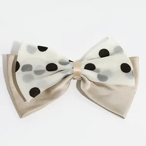 Elegant champagne satin and white polka dot mesh double layer hair bow with metal ring