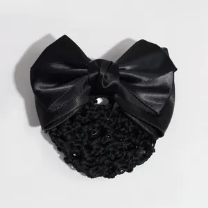 Elegant black satin bow hair net clip for professional flight attendant hairstyle