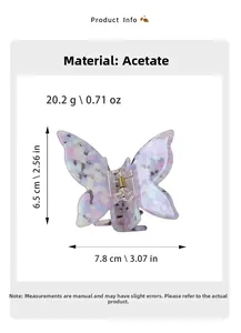 Detaillierte Maße der violetten Acetat-Schmetterlings-Haarklammer mit floraler Marmortextur