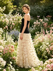 Elegant strapless black slim top with white polka dot textured mesh long dress