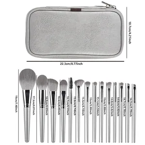 Set di 15 pennelli da trucco argento con borsa e misure dettagliate delle dimensioni
