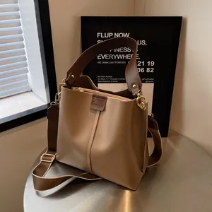 Large Capacity PU Leather Bucket Bag For Women Fashion Commuter Shoulder Crossbody Bag With Contrast Wide Strap Solid Color