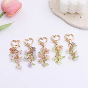 Sweet Flower Butterfly Keychain Heart Star Clasp Faux Artificial Pearl Bead Bag Charm Floral Pendant Key Ring For Women Girls Gift