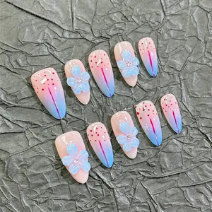 Press On Nails Pink Blue Gradient Almond Fake Nails With 3D Floral Decoration Rhinestones Sweet French Style For Women