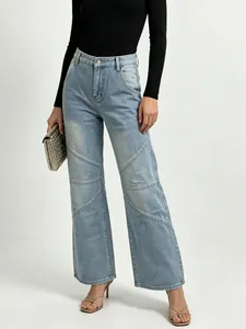 Women high waisted light blue patchwork straight leg jeans with washed denim finish