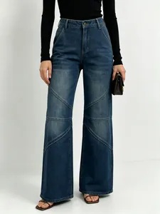 Women high waisted wide leg dark blue denim jeans with geometric patchwork stitching