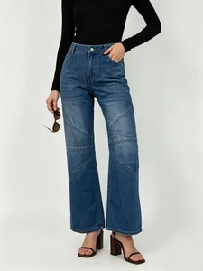 Women's Straight Leg Patchwork Jeans Washed Distressed High Waisted Wide Leg Cotton Denim Pants