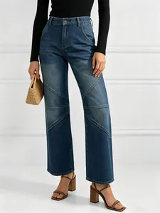 Women's high-waisted straight leg jeans with unique diagonal geometric patchwork