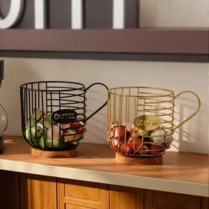 Mug Shaped Coffee Capsule Holder Metal Iron Wire Basket With Wood Base Espresso Pod Organizer Nordic Desktop Storage