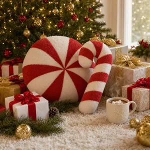 Detail of soft red and white peppermint and candy cane plush pillows in Christmas setting