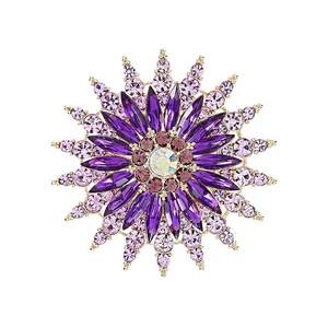 Exquisite gold-plated sunflower brooch with radiant purple and lavender crystals