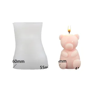 3D sitting bear silicone mold for DIY candles with finished pink bear wax sample