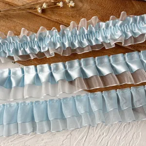 Light Blue Ruffle Lace Trim Pleated Ribbon Polyester Satin Organza For DIY Handcraft Clothing Skirt Decoration Gingham Floral Lace