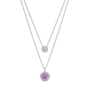 Double-layer silver necklace with white zircon and pink round gemstone pendants