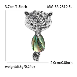 Cartoon fox shell brooch pin with abalone shell and rhinestones for women accessory
