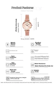 Detailed spec sheet for rose gold quartz watch with 32.6mm dial and mesh band