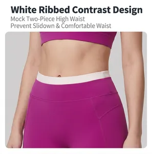 Detail der High Waist Yoga-Leggings mit weißem Rippstrick-Kontrast und Lagen-Look