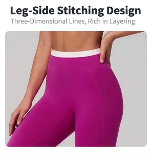 Detail der High-Waist Yoga-Leggings mit Kontrastbund und seitlichen Nahtdetails