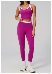 Vorderansicht von gerippten Damen-Yoga-Leggings mit hoher Taille und Lagen-Sport-BH-Set