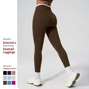 Yoga Leggings Damen Hohe Taille Bauchkontrolle Farbblock Rippbund Nylon Spandex 4-Way Stretch Gym Fitness Hose