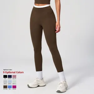High-Waist Damen Ripp-Yogahose mit Kontrastbund und schmaler Passform für Fitness