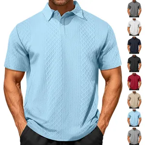 Men Short Sleeve Polo Shirt 3D Jacquard Diamond Pattern Breathable Casual Summer Polyester Top