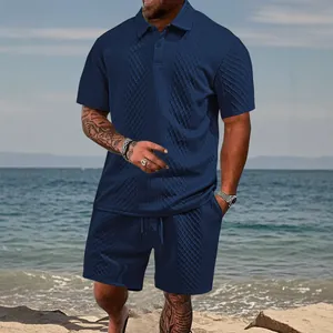 Men's navy blue summer polo set with waffle texture shorts and shirt in beach setting