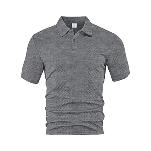 Men's grey short sleeve polo shirt with breathable jacquard texture and lapel