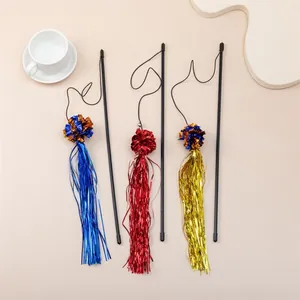 Set of 3 tassel cat teasers with shiny metallic fringe and small bell on long plastic wand