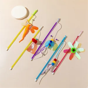5-piece interactive cat wand set with colorful plush toys and bells on plastic sticks