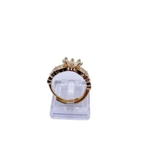 Adjustable golden crown semi-mount ring with intricate hollow floral engraving