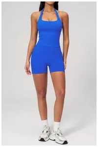 Détail du short de yoga sans couture à taille haute en V bleu cobalt pour femmes