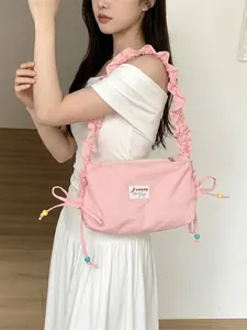 Women Ruffle Shoulder Bag Pleated Polyester Crossbody Bag Lightweight Sweet Korean Style Drawstring Sweet Casual Travel