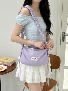 Stylish light purple ruched canvas shoulder bag for women in fresh sweet style