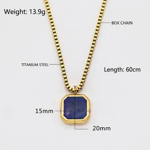 Titanium steel box chain necklace with square blue lapis stone pendant for women